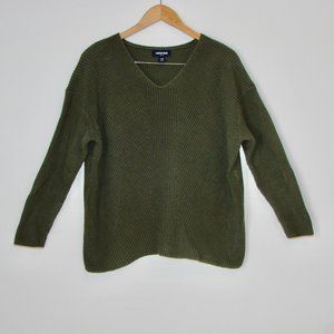 Lands' End Ribbed V-neck Cotton Sweater Olive Green Pink Size Petite Large 14 16